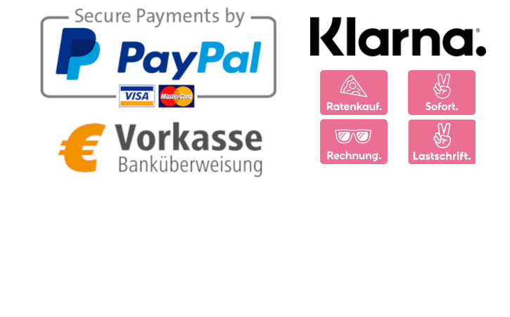 Logos von Paypal, Klarna und Vorkasse 